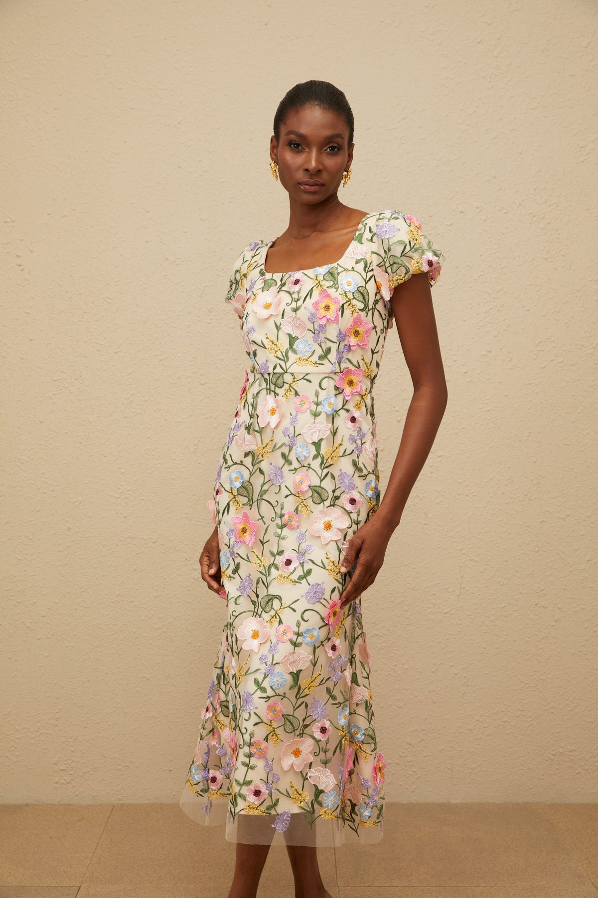 Enjouée Neutral Floral Embroidered Midi Dress