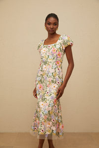 Enjouée Neutral Floral Embroidered Midi Dress