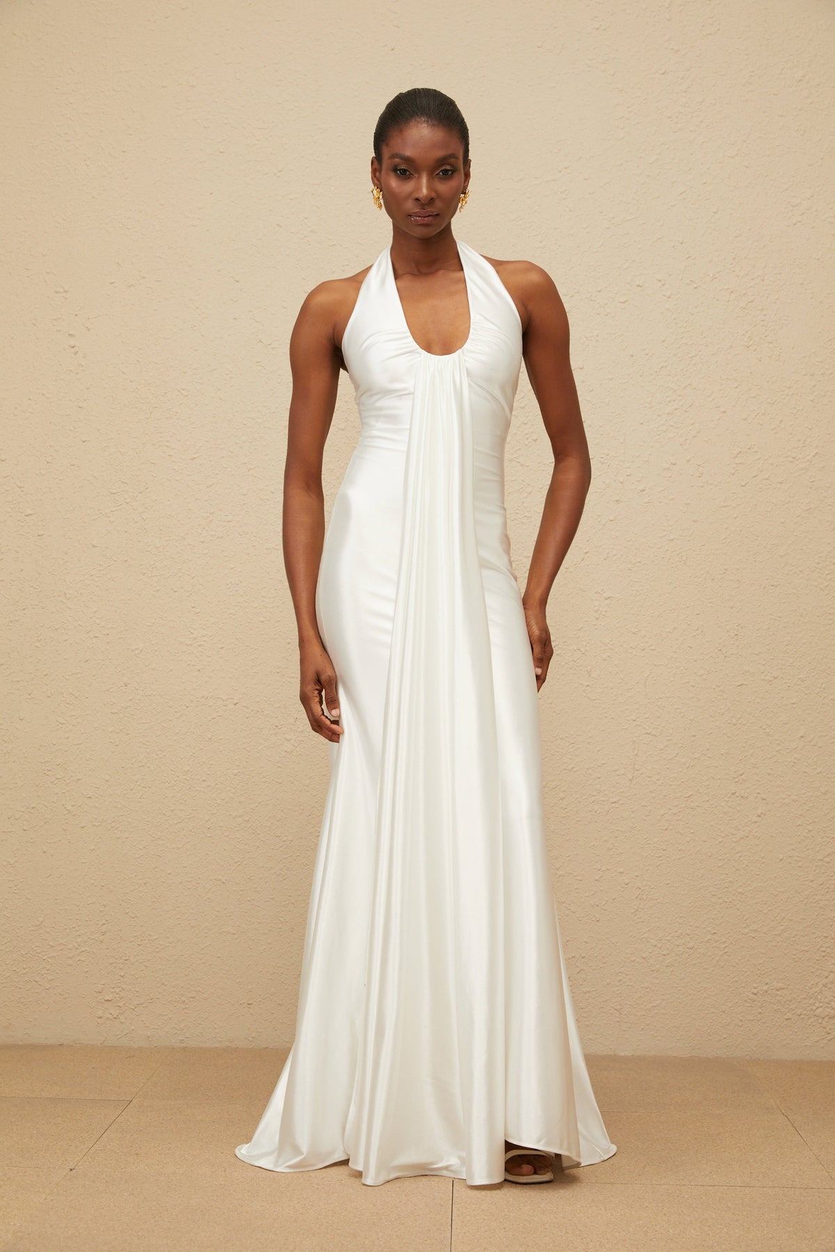 Céleste White Ruched Satin Maxi Dress