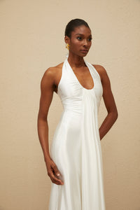 Céleste White Ruched Satin Maxi Dress