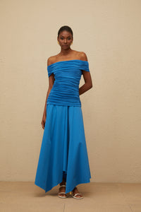Amélie Blue Off-Shoulder Ruched Maxi Dress