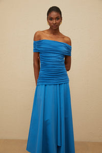 Amélie Blue Off-Shoulder Ruched Maxi Dress