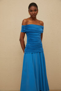 Amélie Blue Off-Shoulder Ruched Maxi Dress