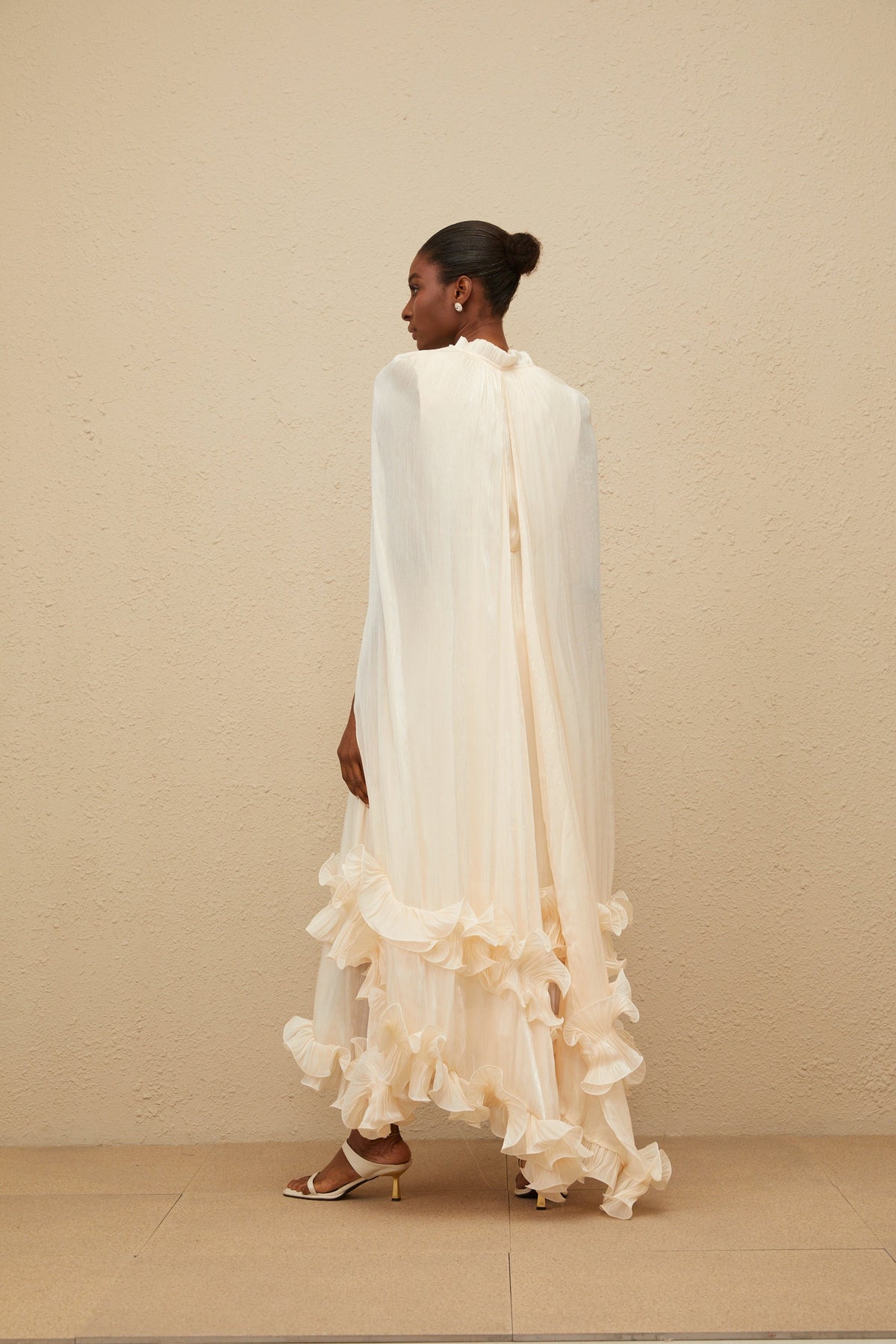 Intemporelle Neutral Cape Pleated Midi Dress
