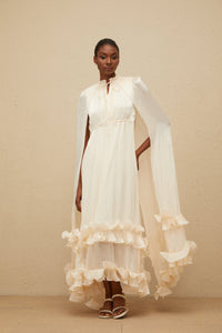 Intemporelle Neutral Cape Pleated Midi Dress