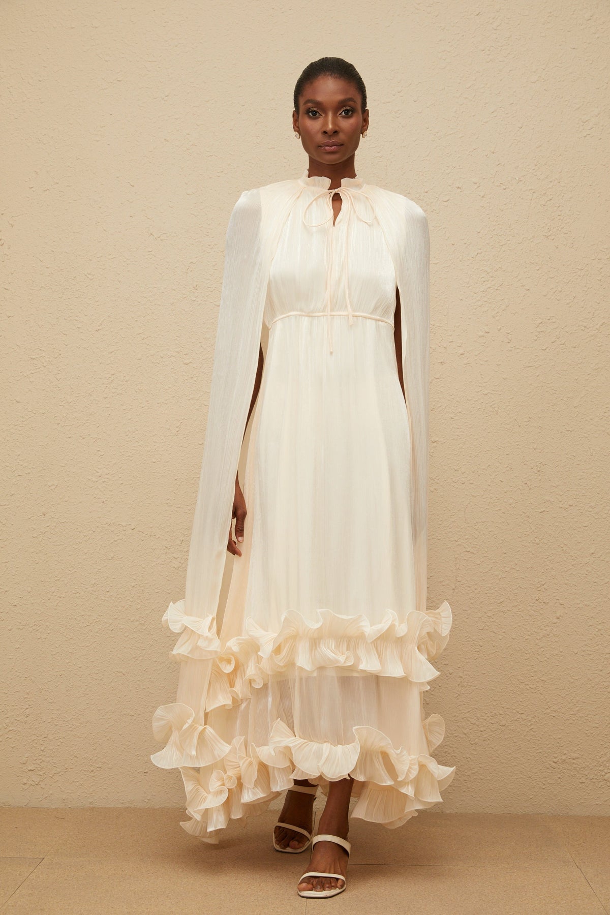 Intemporelle Neutral Cape Pleated Midi Dress
