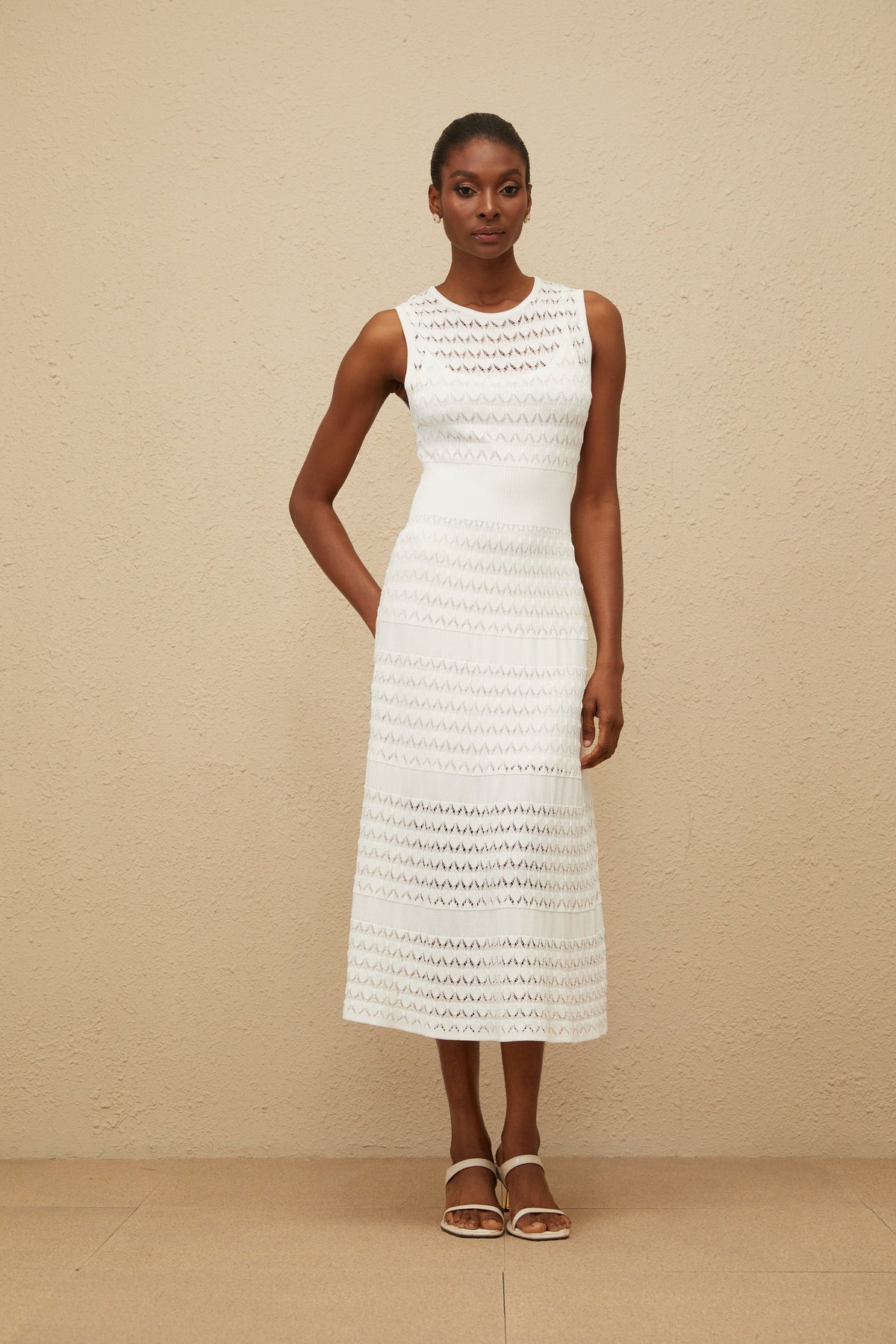Clothilde White Shirred Crochet Knit Midi Dress