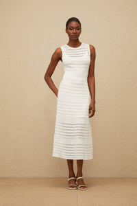 Clothilde White Shirred Crochet Knit Midi Dress
