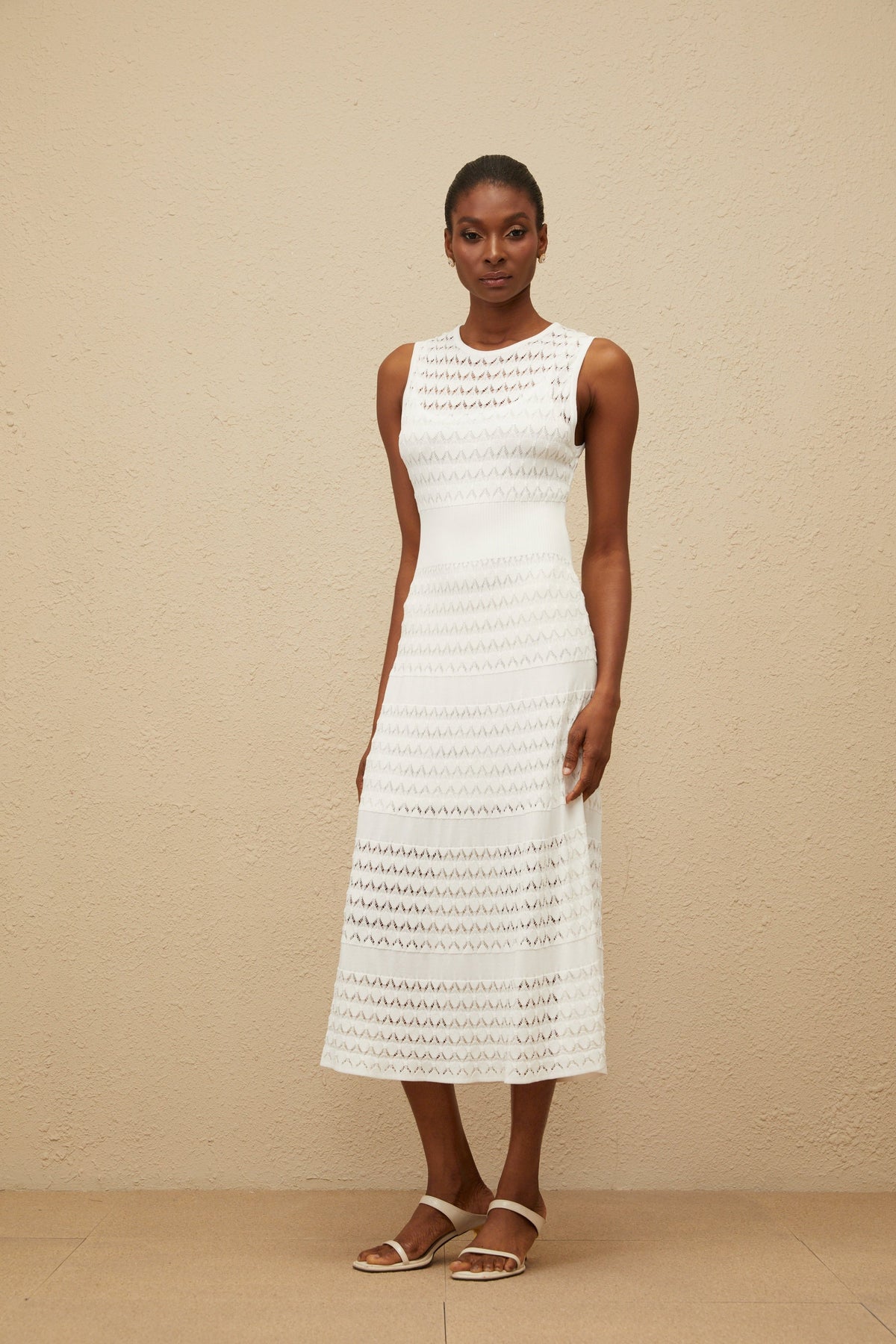 Clothilde White Shirred Crochet Knit Midi Dress