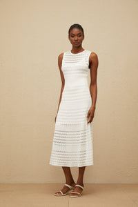Clothilde White Shirred Crochet Knit Midi Dress