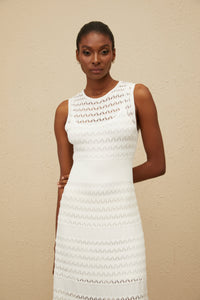 Clothilde White Shirred Crochet Knit Midi Dress