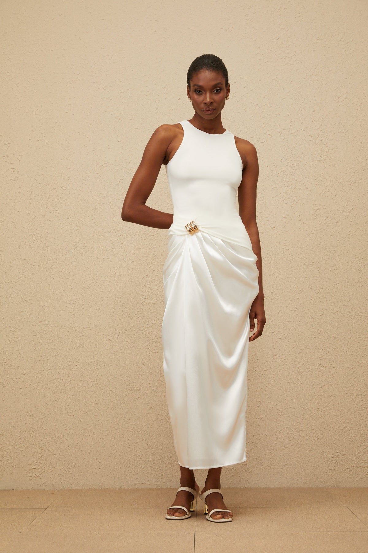 Paloma White Ruched Panel Midi Dress