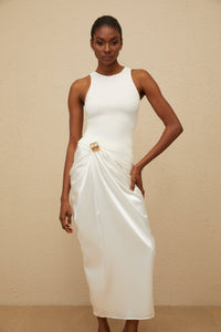 Paloma White Ruched Panel Midi Dress