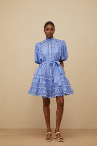 Poema Blue Tiered Motif Embroidered Mini Dress