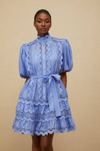 Poema Blue Tiered Motif Embroidered Mini Dress