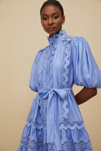 Poema Blue Tiered Motif Embroidered Mini Dress