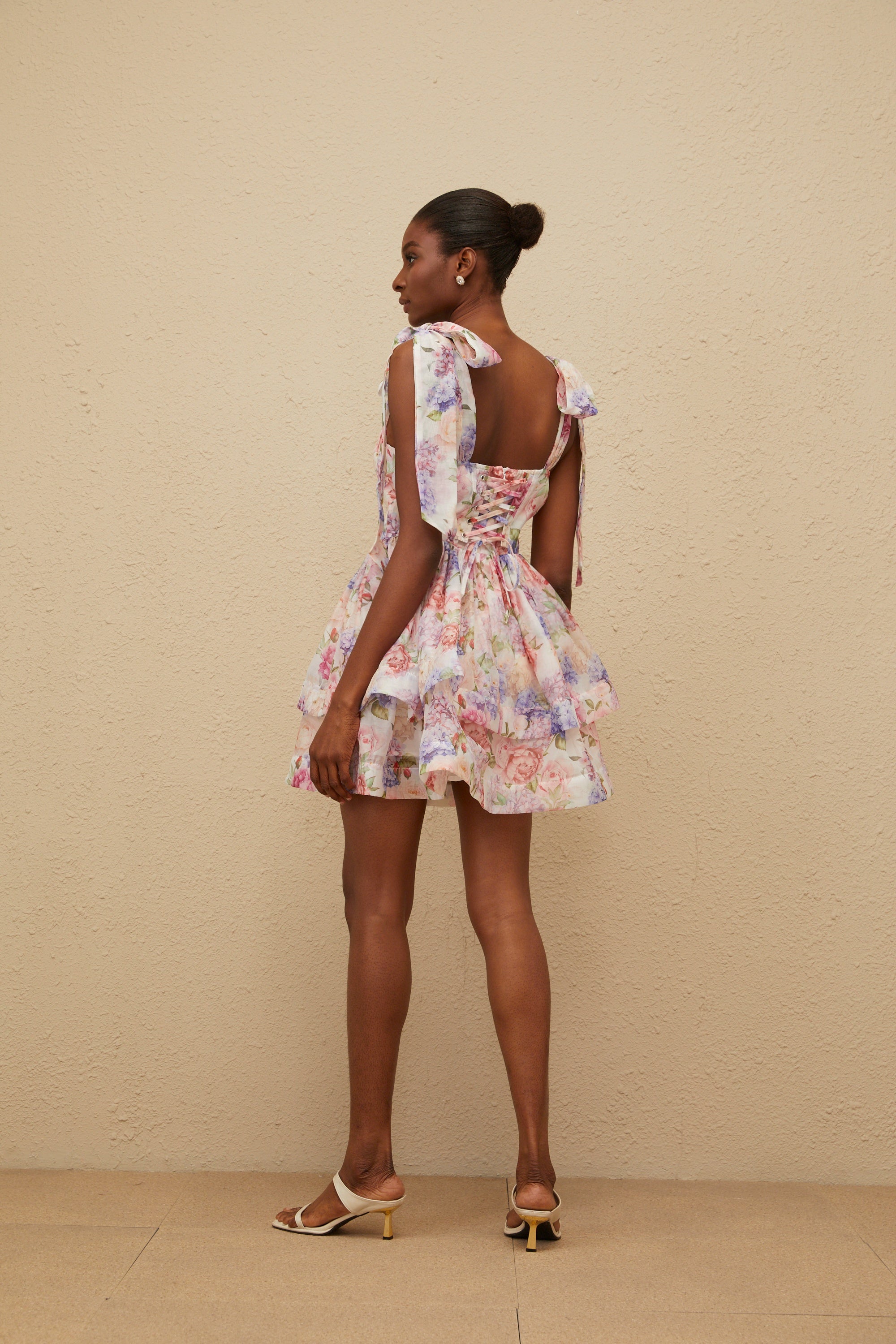Hélène Pink Flounced Floral Print Mini Dress