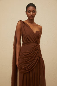 Agathe Brown Asymmetrical Evening Maxi Gown