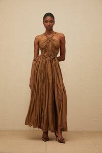Déotille Brown Braided Cutout Shirred Midi Dress