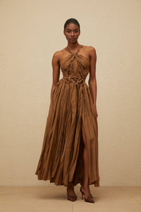 Déotille Brown Braided Cutout Shirred Midi Dress