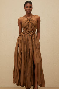 Déotille Brown Braided Cutout Shirred Midi Dress