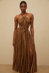 Déotille Brown Braided Cutout Shirred Midi Dress