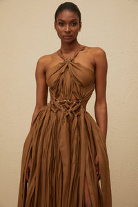 Déotille Brown Braided Cutout Shirred Midi Dress