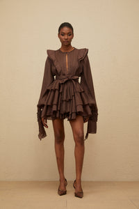 Annabelle Brown Cutout Ruffled Mini Dress