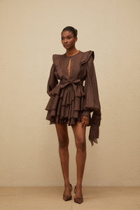 Annabelle Brown Cutout Ruffled Mini Dress