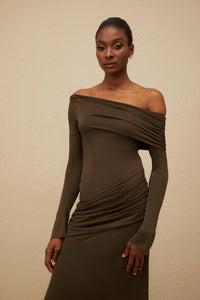 Sensuelle Green One-Shoulder Ruched Maxi Dress