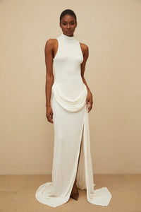 Mystérieuse White Turtleneck Draped Maxi Dress