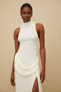 Mystérieuse White Turtleneck Draped Maxi Dress