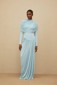 Catherine Baby-Blue Asymmetrical Pleated Long-Sleeve Maxi Dress