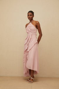 Doux Pink Ruffled Trim Pleated Midi Dress