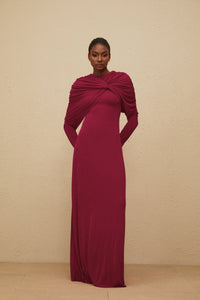Moderne Red Cape-Design Ruched Maxi Dress