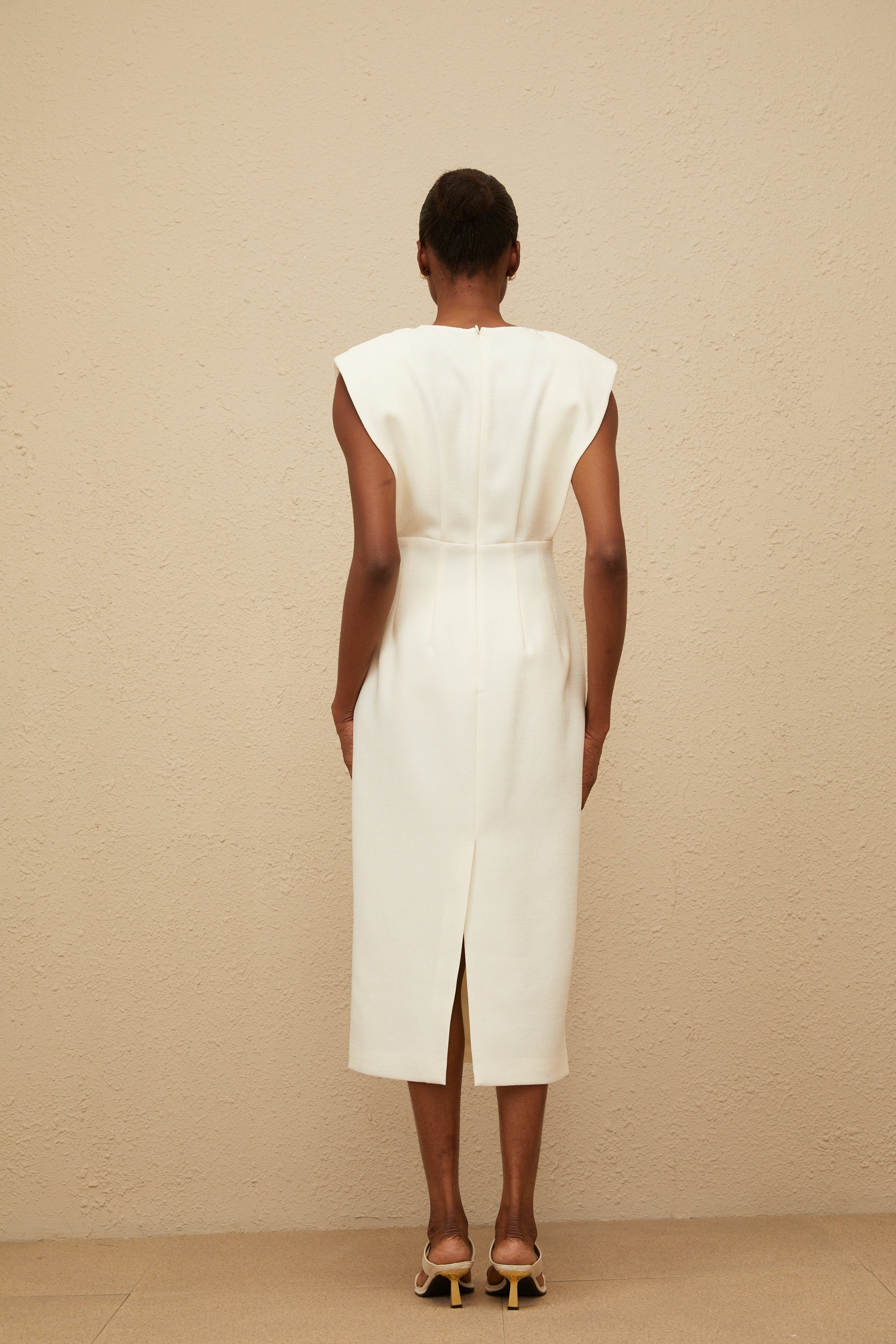 Ondine White Cowl-Neck Pencil Midi Dress