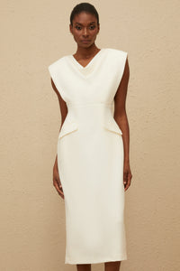 Ondine White Cowl-Neck Pencil Midi Dress