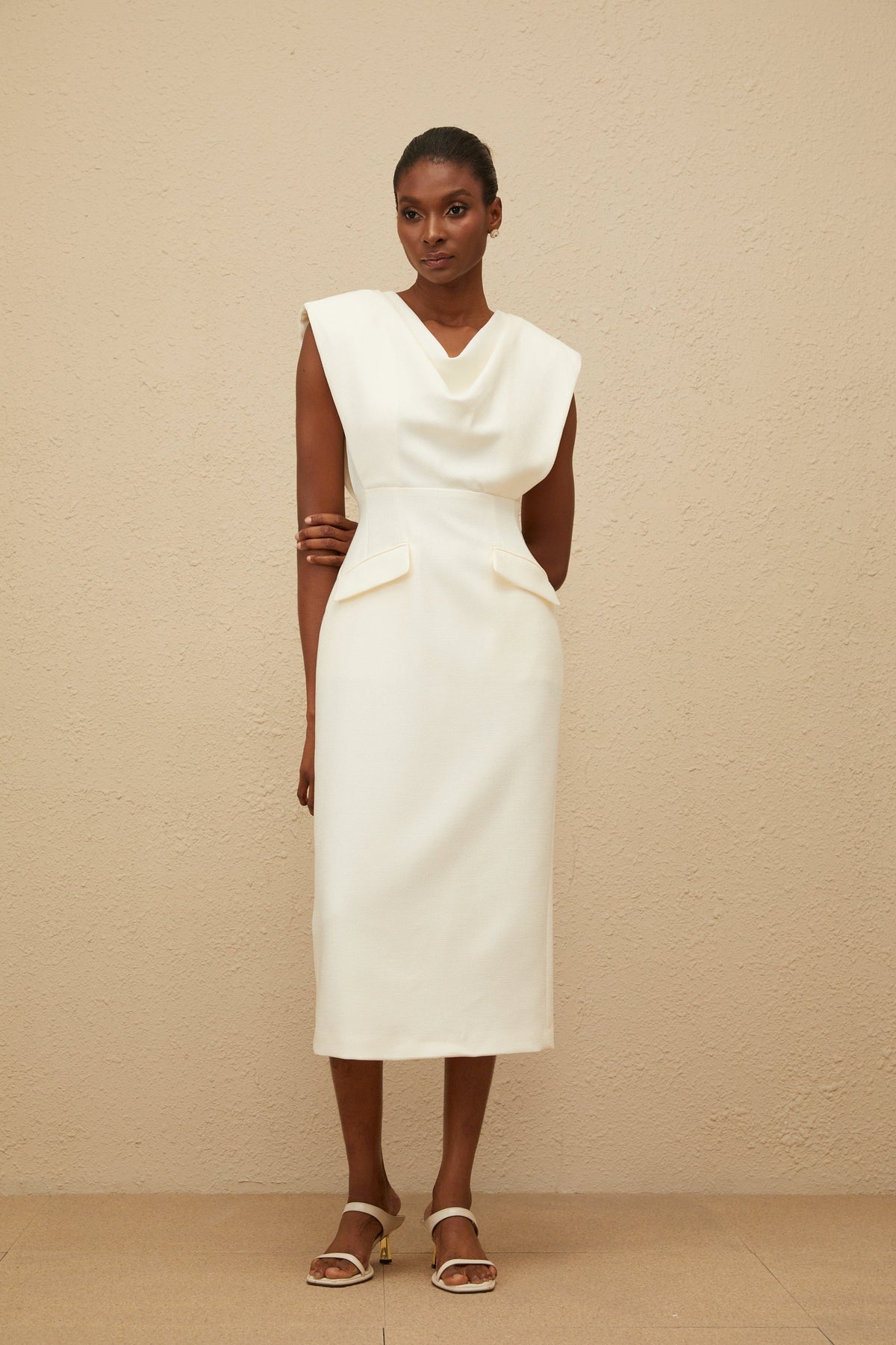 Ondine White Cowl-Neck Pencil Midi Dress