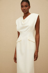 Ondine White Cowl-Neck Pencil Midi Dress