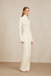 Impériale White Ruched Turtleneck Maxi Dress