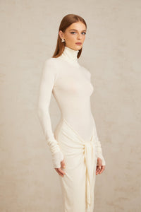 Impériale White Ruched Turtleneck Maxi Dress