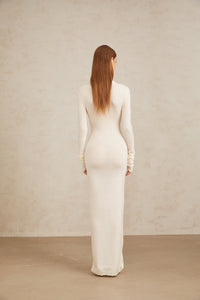 Impériale White Ruched Turtleneck Maxi Dress