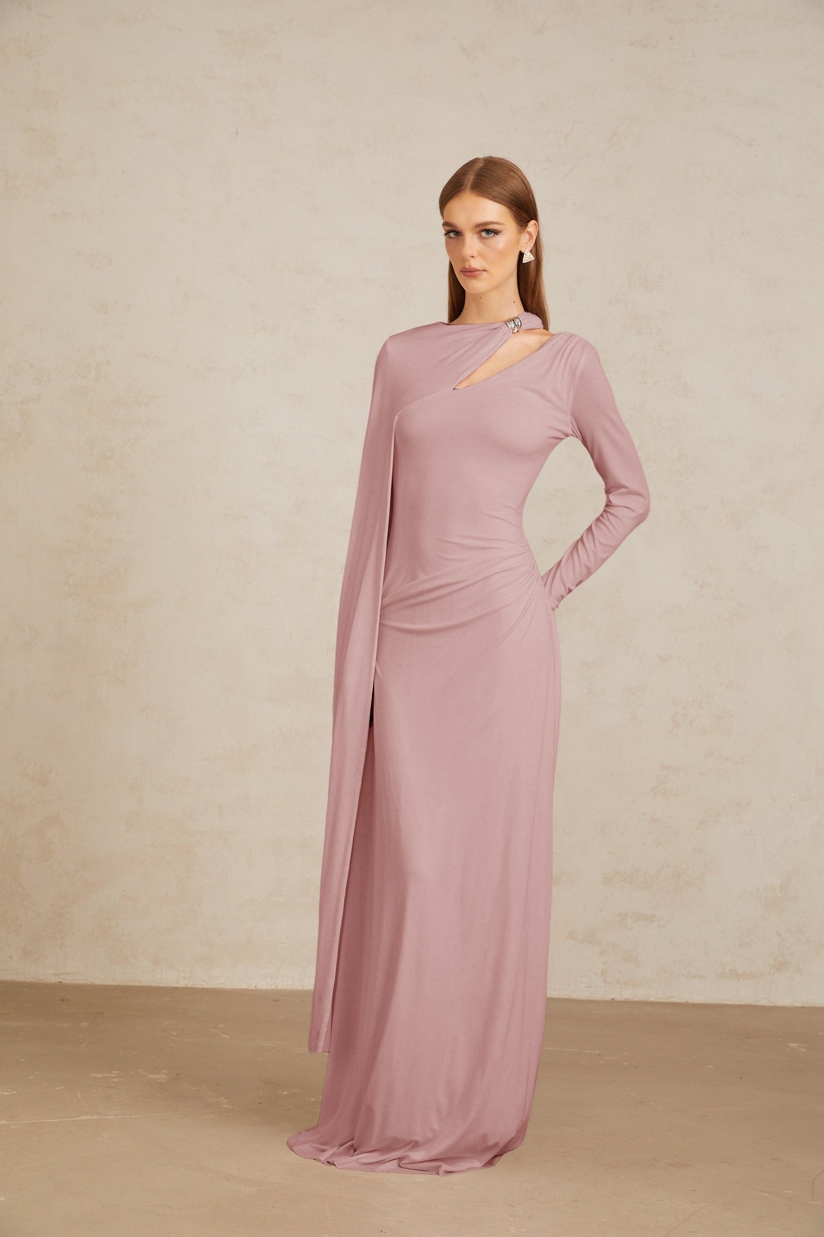 Josette Pink Diagonal Shawl Fitted Maxi Dress