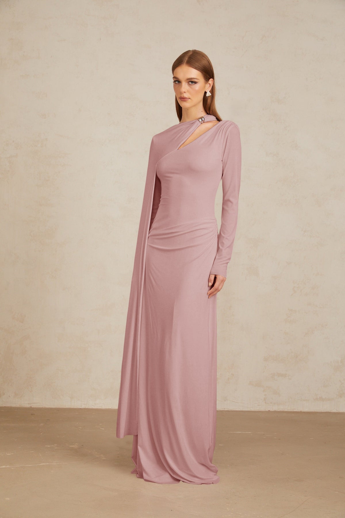 Josette Pink Diagonal Shawl Fitted Maxi Dress