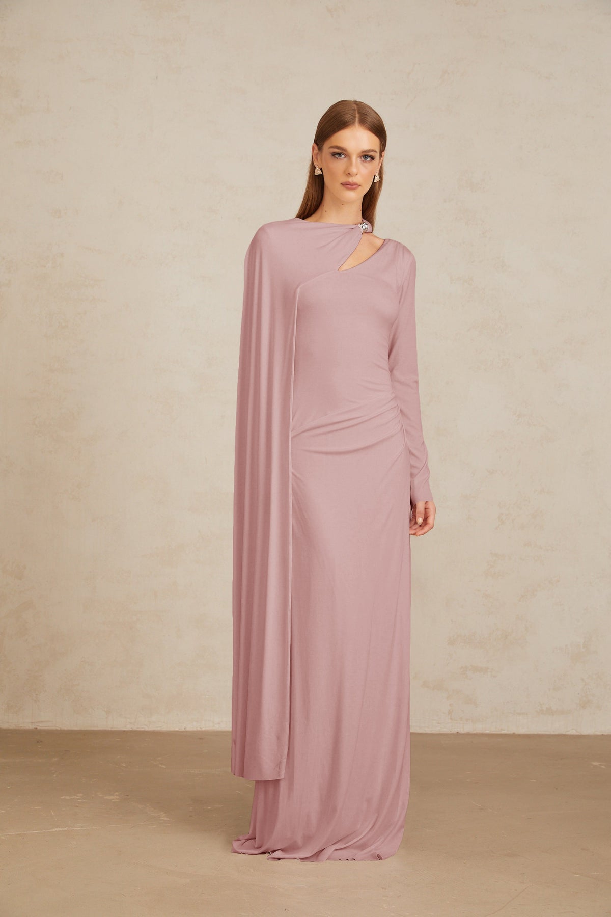 Josette Pink Diagonal Shawl Fitted Maxi Dress