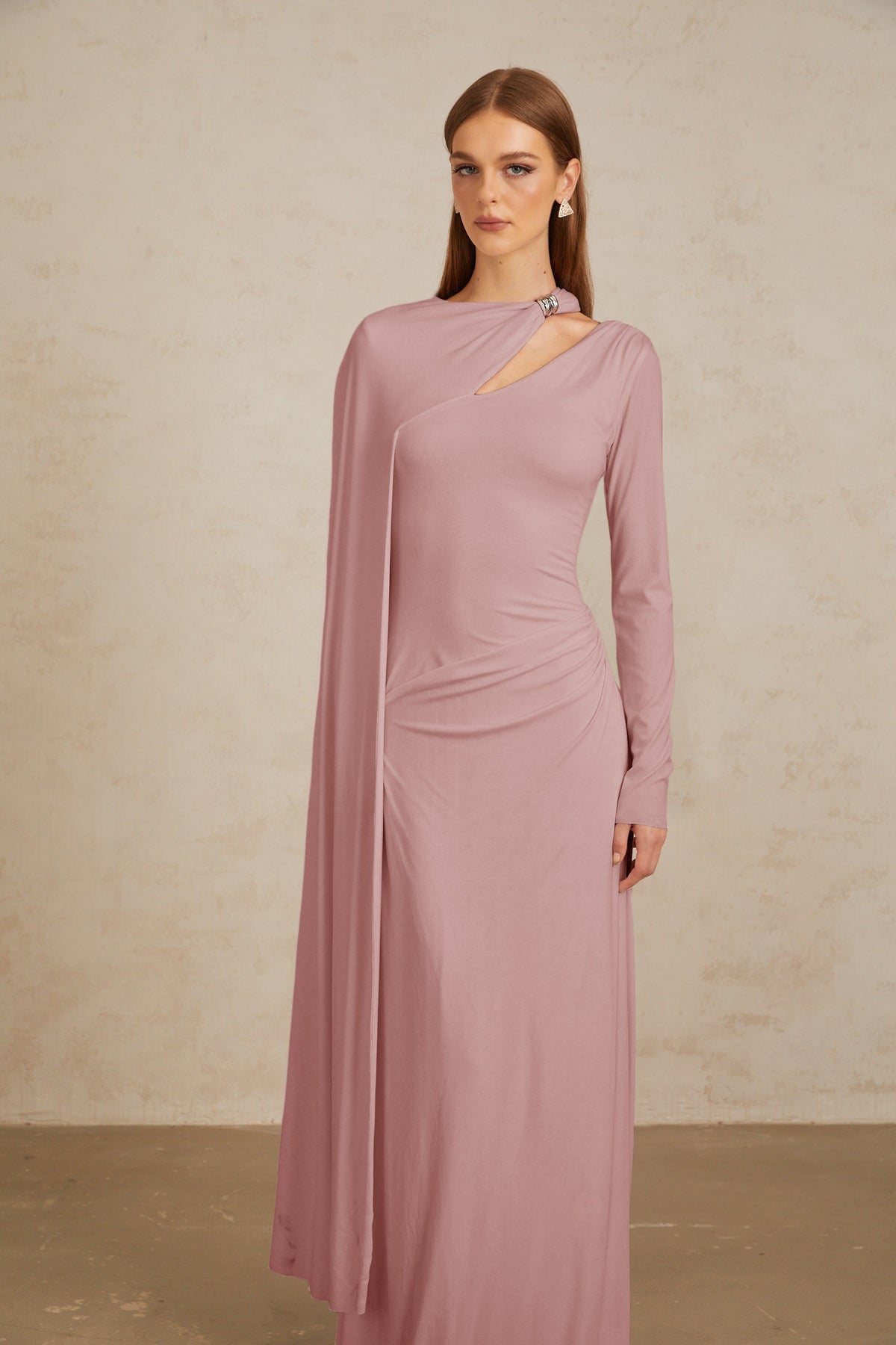 Josette Pink Diagonal Shawl Fitted Maxi Dress