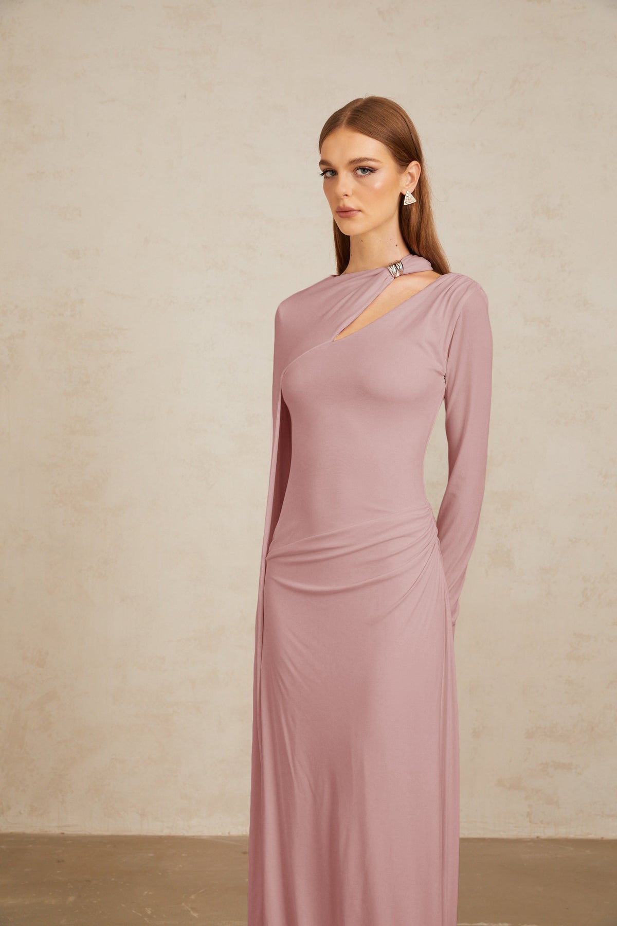 Josette Pink Diagonal Shawl Fitted Maxi Dress