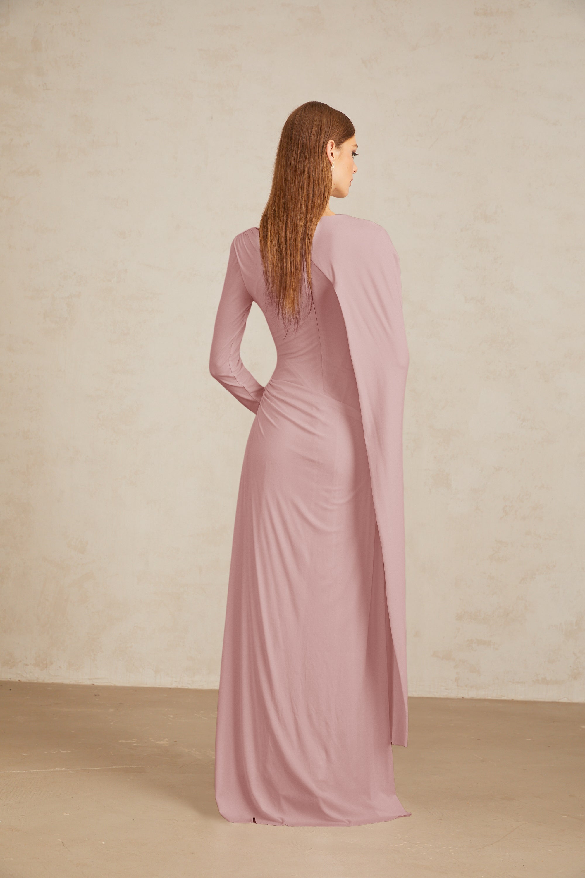 Josette Pink Diagonal Shawl Fitted Maxi Dress