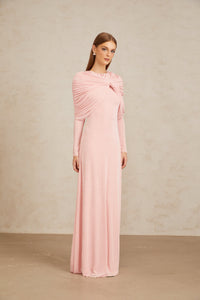 Moderne Pink Shawl Panel Ruched Maxi Dress
