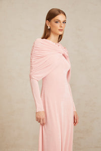 Moderne Pink Shawl Panel Ruched Maxi Dress